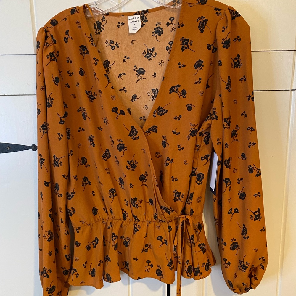 Melrose and Market | Burnt Orange Faux Wrap Tie Waist Long Sleeve Floral Top. M. - Picture 1 of 5